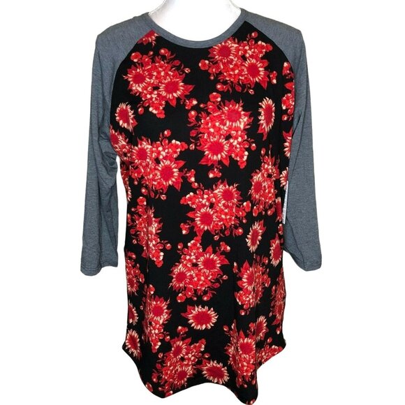 LuLaRoe Randy L Baseball Tee Long Sleeve Womens Top Black & Gray Floral NWT - Picture 1 of 9